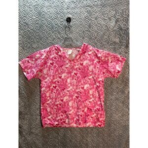 Scrubtime Pink Heart Print Scrub Top V-Neck Short Sleeve Made USA Women's M